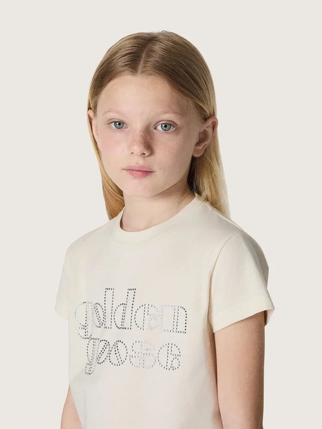 „Journey“-Mädchen-T-Shirt aus weißem Baumwolljersey mit silbernen Nieten