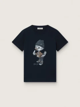 „Journey“-T-Shirt für Jungen aus blauem Baumwolljersey mit digitalem Maskottchen-Print