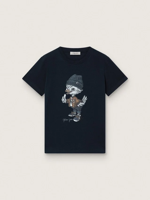 „Journey“-T-Shirt für Jungen aus blauem Baumwolljersey mit digitalem Maskottchen-Print