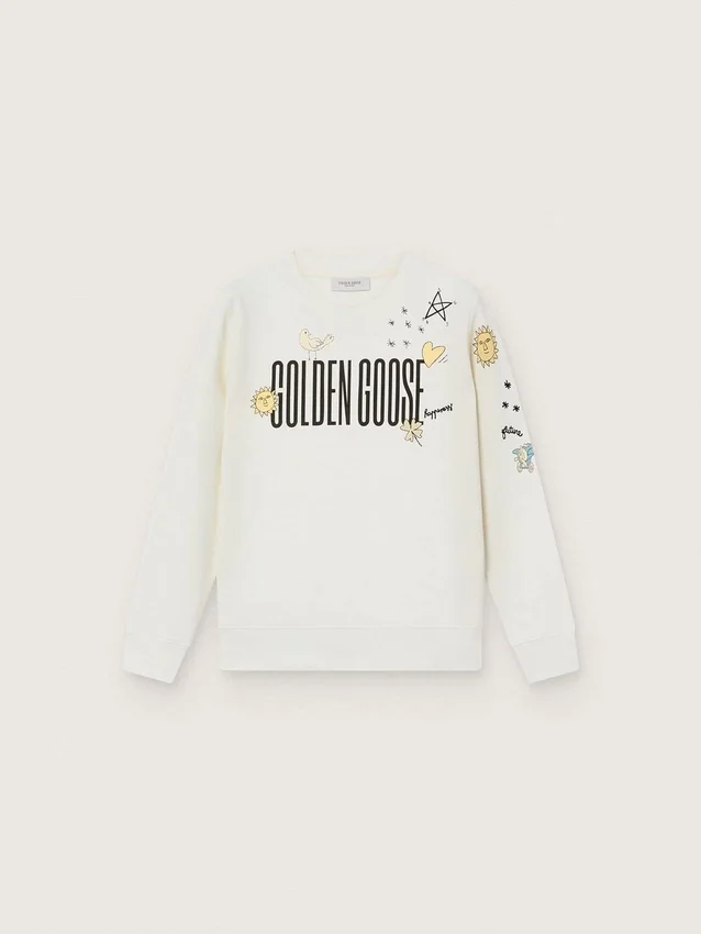 Journey Unisex-Sweatshirt aus weißer Baumwollmischung mit Doodle-Print