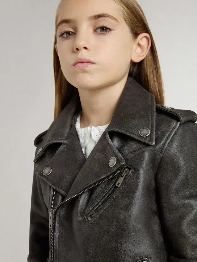 Jungen-Bikerjacke aus Leder im Used-Look