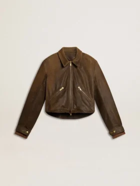 Kurze braune Leder-Bikerjacke für Damen mit Reißverschluss