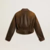 Kurze braune Leder-Bikerjacke für Damen mit Reißverschluss
