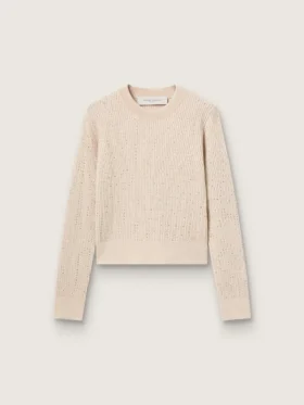 Kurzer Pullover mit Rundhalsausschnitt aus beiger Wolle mit durchgehender Kristallverzierung
