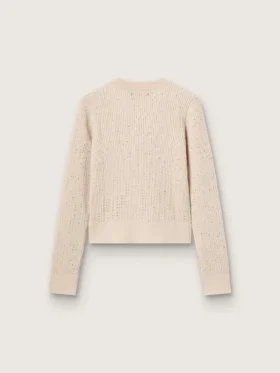 Kurzer Pullover mit Rundhalsausschnitt aus beiger Wolle mit durchgehender Kristallverzierung