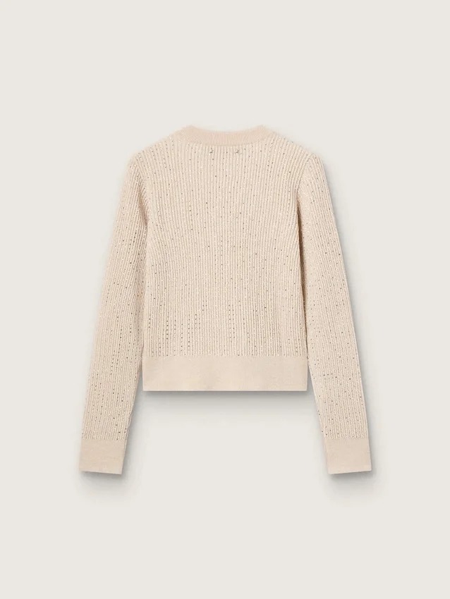 Kurzer Pullover mit Rundhalsausschnitt aus beiger Wolle mit durchgehender Kristallverzierung