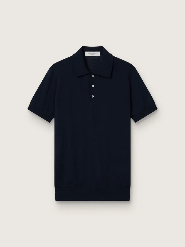 Kurzärmeliges Herren-Poloshirt aus marineblauer Merinowolle