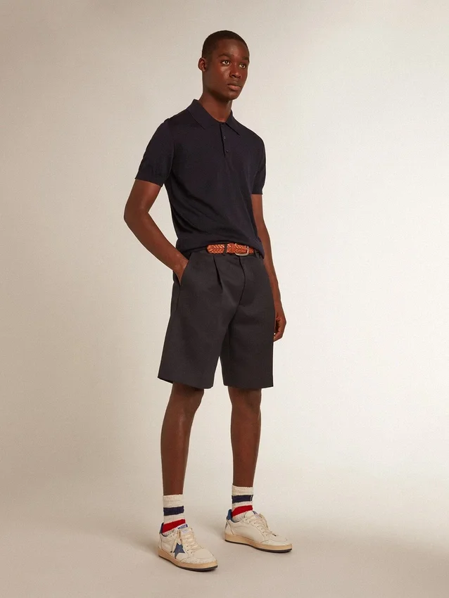 Kurzärmeliges Herren-Poloshirt aus marineblauer Merinowolle