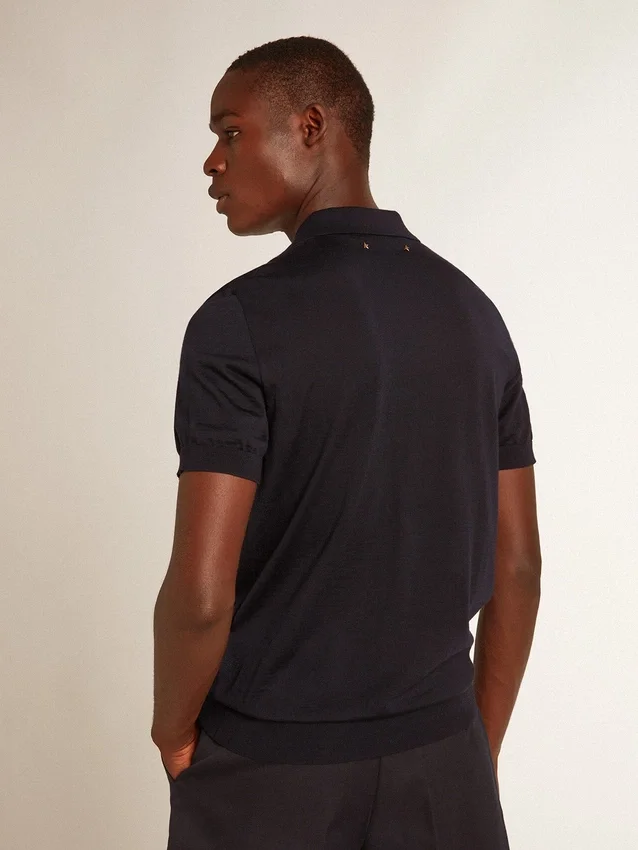 Kurzärmeliges Herren-Poloshirt aus marineblauer Merinowolle