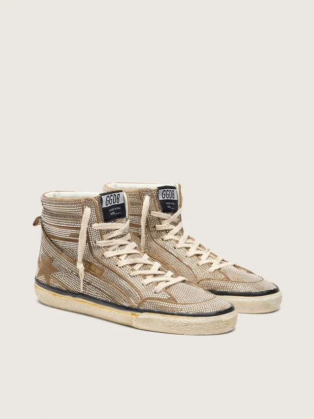 LAB-Sneaker für Damen im Slide-Stil aus tabakfarbenem Wildleder mit Kristallen und einem Stern aus tabakfarbenem Wildleder