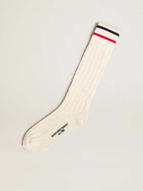 Lange gerippte Socken in Vintage-Weiß mit zweifarbigen Streifen