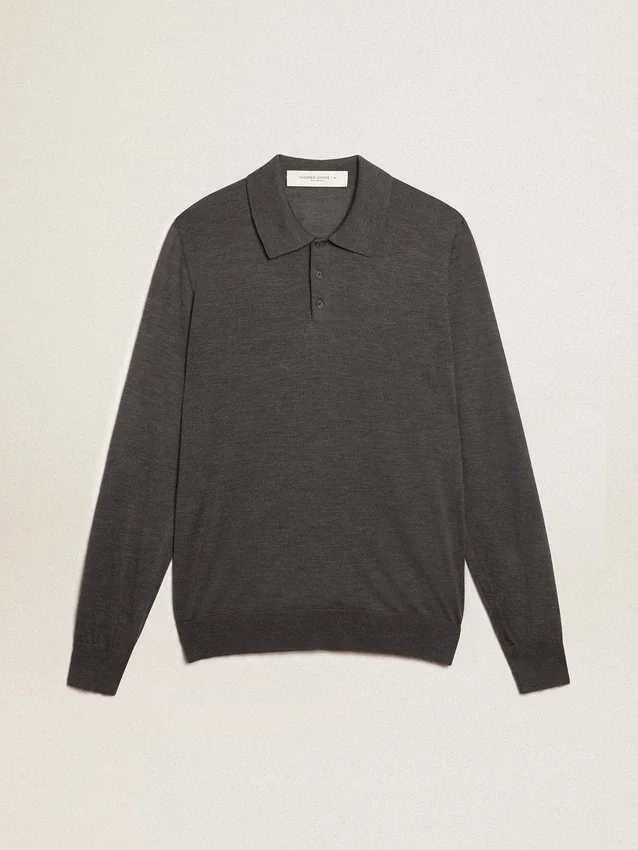 Langärmliges Herren-Poloshirt aus grauer Merinowolle