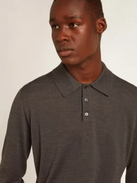 Langärmliges Herren-Poloshirt aus grauer Merinowolle