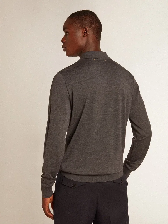 Langärmliges Herren-Poloshirt aus grauer Merinowolle