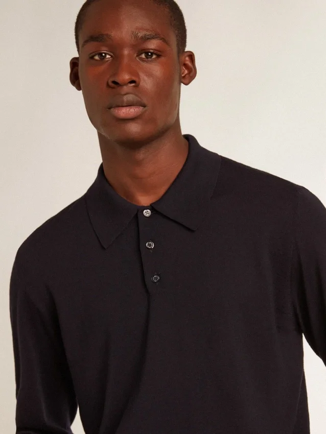Langärmliges Herren-Poloshirt aus marineblauer Merinowolle
