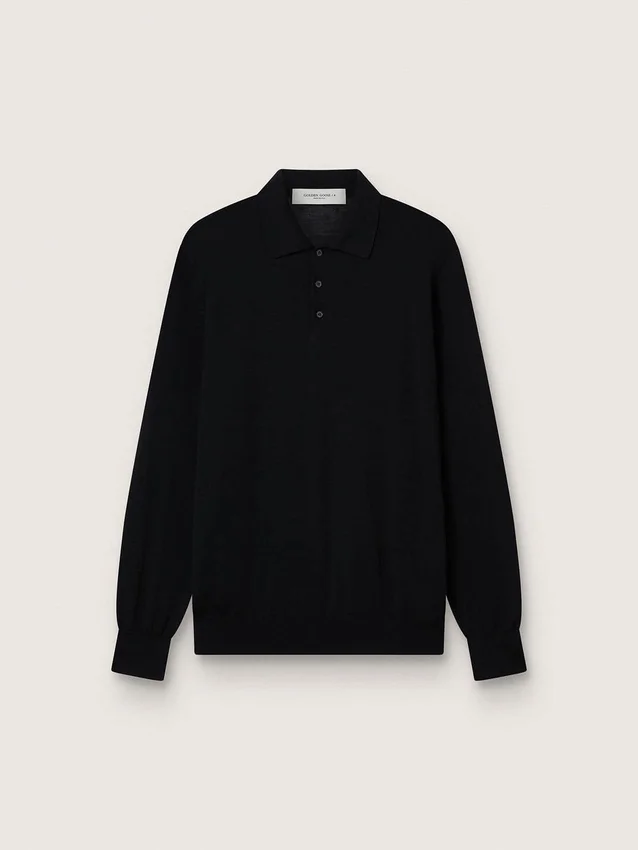 Langärmliges Herren-Poloshirt aus schwarzer Merinowolle