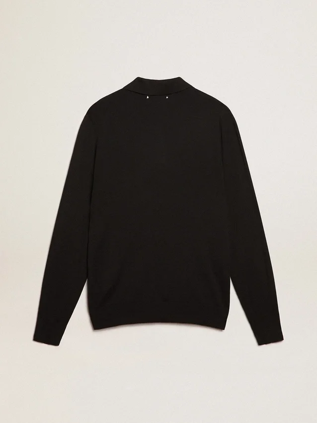 Langärmliges Herren-Poloshirt aus schwarzer Merinowolle