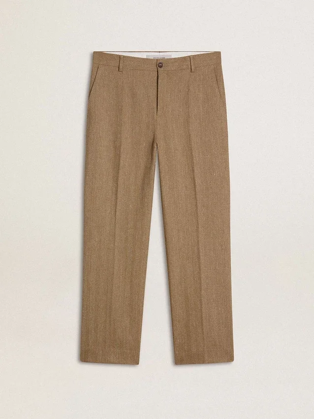 Maßgeschneiderte Hose aus sandfarbener Leinenmischung mit Chevron-Muster