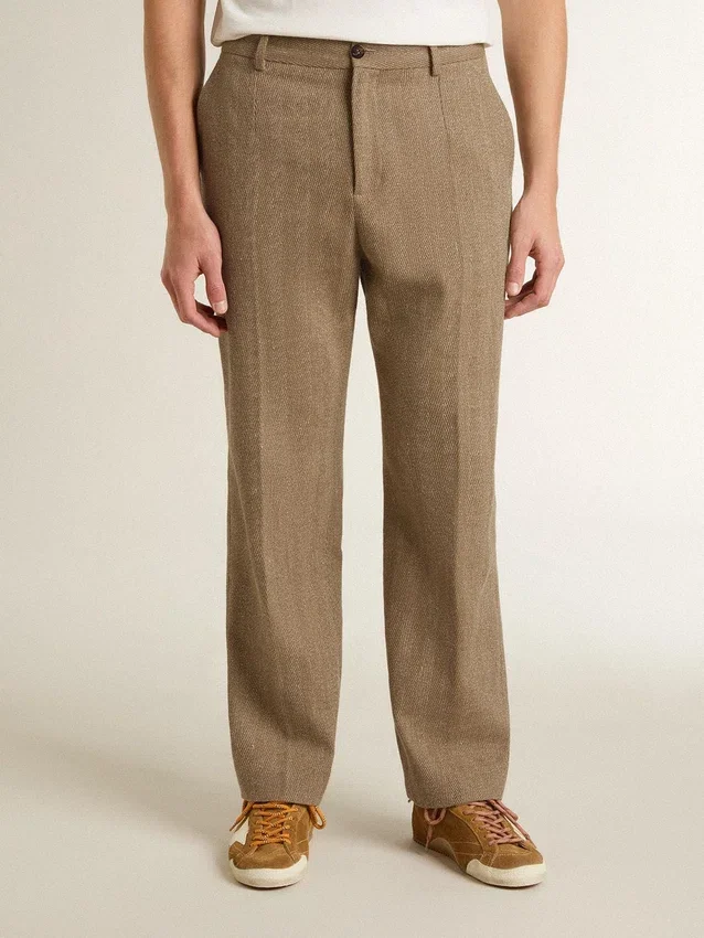 Maßgeschneiderte Hose aus sandfarbener Leinenmischung mit Chevron-Muster