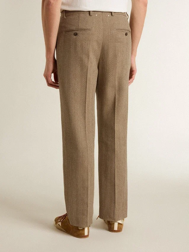 Maßgeschneiderte Hose aus sandfarbener Leinenmischung mit Chevron-Muster