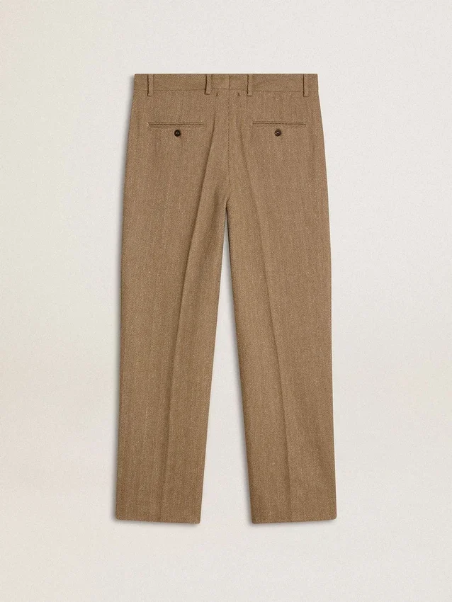 Maßgeschneiderte Hose aus sandfarbener Leinenmischung mit Chevron-Muster