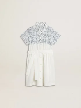 Mädchen-Hemdkleid aus weißem Baumwoll-Canvas mit blauem Marinemuster und weißer Paspel