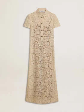 Midi-Kleid für Damen aus cremefarbener, durchscheinender Spitze