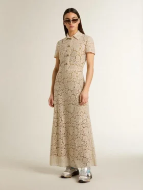 Midi-Kleid für Damen aus cremefarbener, durchscheinender Spitze
