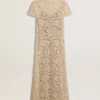 Midi-Kleid für Damen aus cremefarbener, durchscheinender Spitze