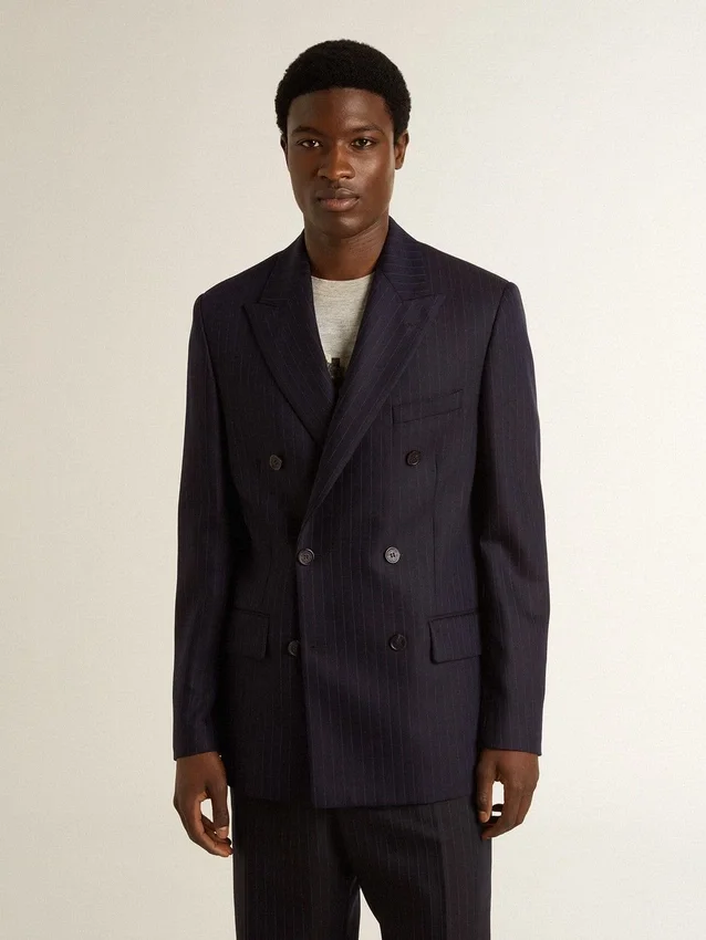 Mitternachtsblauer Herren-Blazer aus Wolle mit Zweireiher-Schluss