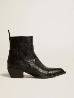 Niedrige „Debbie“-Stiefel aus schwarzem Leder mit Schlangenprint