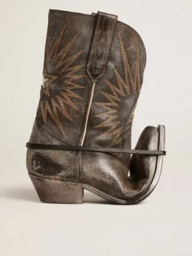 Niedrige „Wish Star“-Damenstiefel aus schwarzem Leder mit silbernem Stern