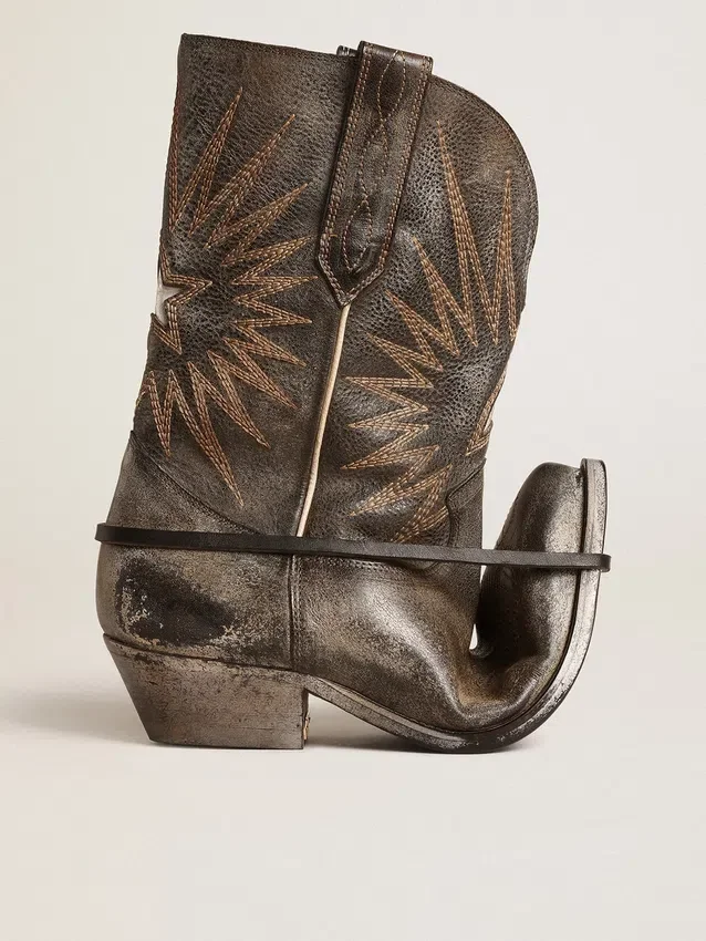 Niedrige „Wish Star“-Damenstiefel aus schwarzem Leder mit silbernem Stern
