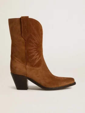 Niedrige „Wish Star“-Stiefel aus cognacfarbenem Wildleder mit ton-in-ton gesticktem Stern