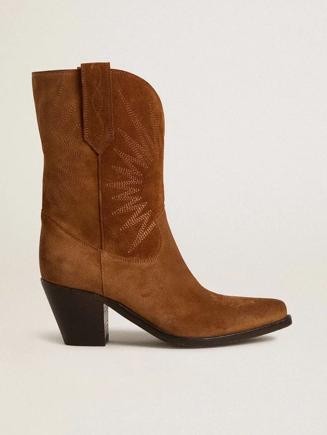 Niedrige „Wish Star“-Stiefel aus cognacfarbenem Wildleder mit ton-in-ton gesticktem Stern