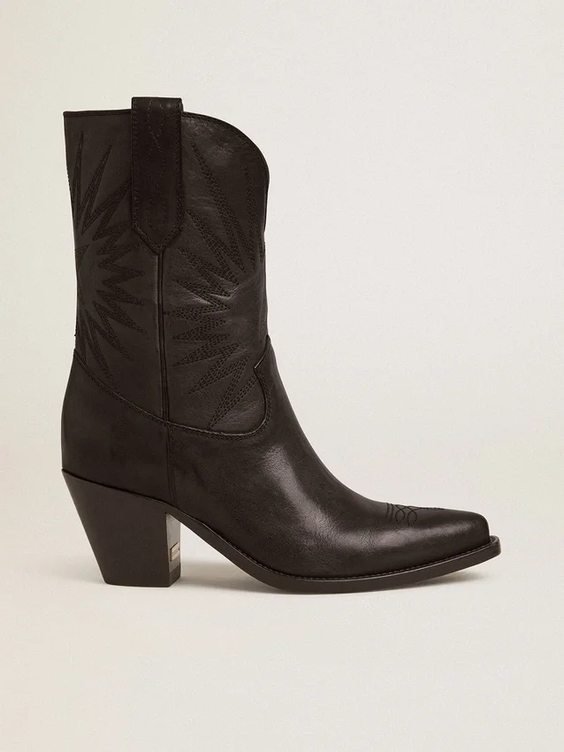 Niedrige „Wish Star“-Stiefel aus schwarzem Leder mit Ton-in-Ton-eingearbeitetem Stern