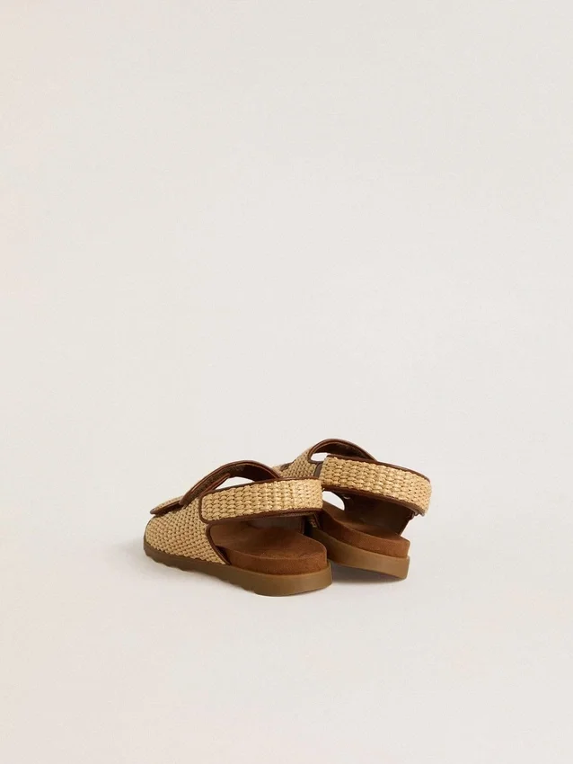 Noa Junior-Sandalen aus beigem Raffia und braunem Leder