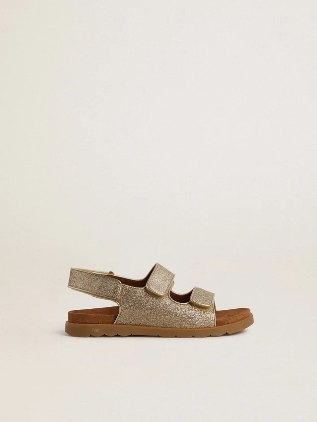Noa Junior-Sandalen aus Mikroglitter und Platinleder