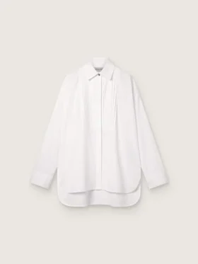 Oversize-Hemd für Damen aus weißer Baumwolle mit Plissee-Detail und Schmucksknöpfen