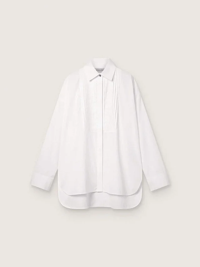 Oversize-Hemd für Damen aus weißer Baumwolle mit Plissee-Detail und Schmucksknöpfen
