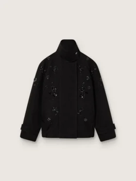 Oversize-Jacke für Damen aus schwarzem Baumwoll-Twill mit floraler Paillettenstickerei