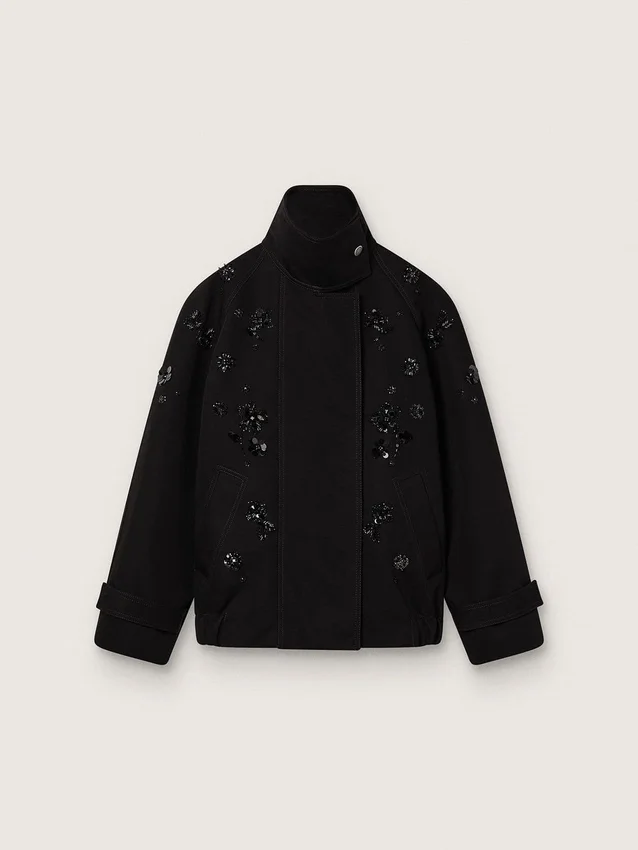 Oversize-Jacke für Damen aus schwarzem Baumwoll-Twill mit floraler Paillettenstickerei