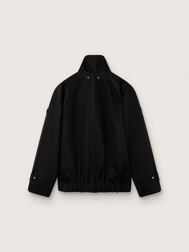 Oversize-Jacke für Damen aus schwarzem Baumwoll-Twill mit floraler Paillettenstickerei