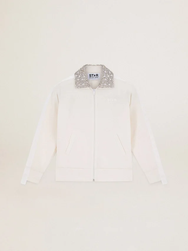 Papyrusweißes Sweatshirt mit Reißverschluss aus der Denise Star Collection und Kristallkragen
