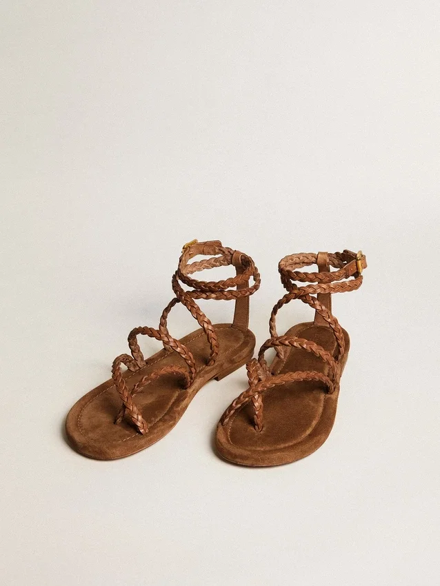 Penelope-Flachsandalen für Damen aus tabakfarbenem Leder mit Wildledersohle