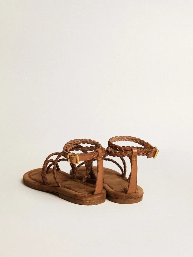Penelope-Flachsandalen für Damen aus tabakfarbenem Leder mit Wildledersohle