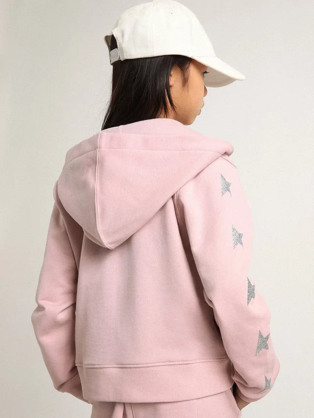 Rosa Sweatshirt mit Kapuze und silbernen Glitzersternen