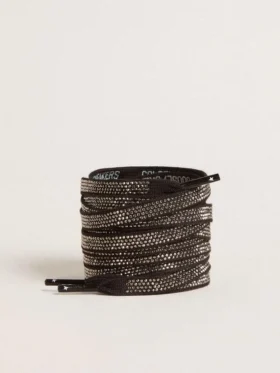 Schwarze Baumwollschnürsenkel mit silbernen Swarovski-Kristallen und weißem Logo