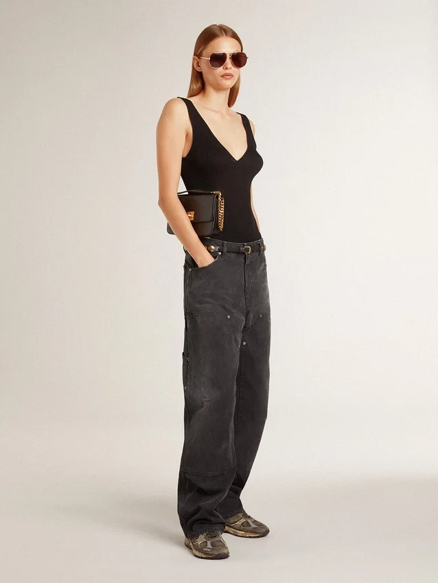 Schwarze Damenjeans aus Baumwolle im Distressed-Look mit Aufnähern auf der Vorderseite