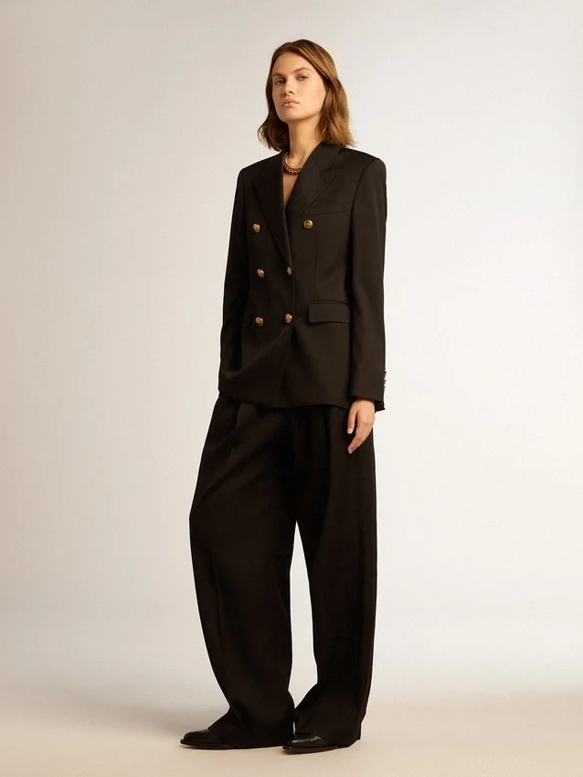 Schwarze Gabardine-Hose aus Wolle für Damen